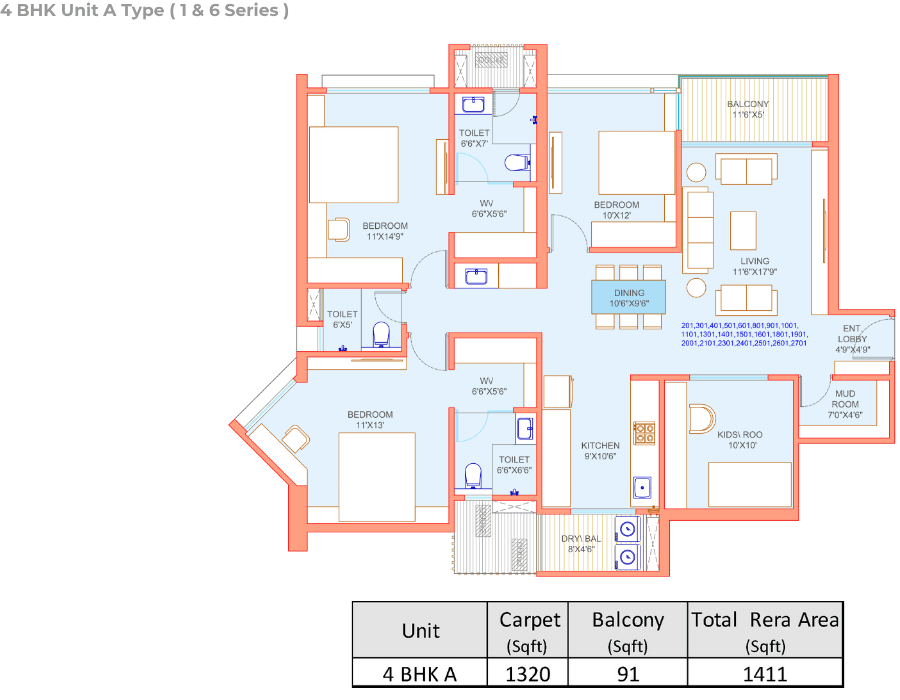 4 BHK Unit A Type (Series 1 & 6)